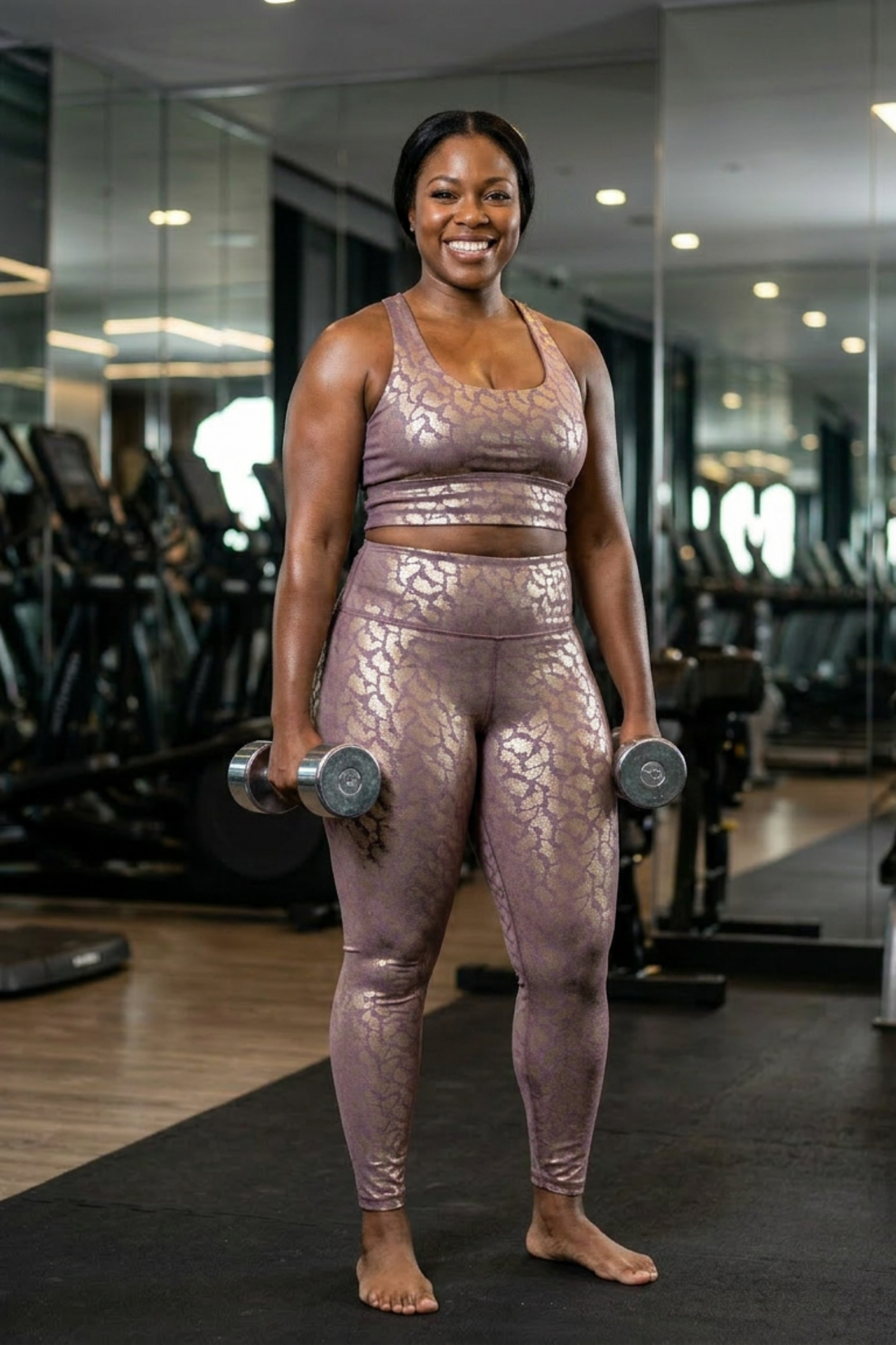 Woman in a gym holding dumbbells, wearing a metallic athletic outfit.
