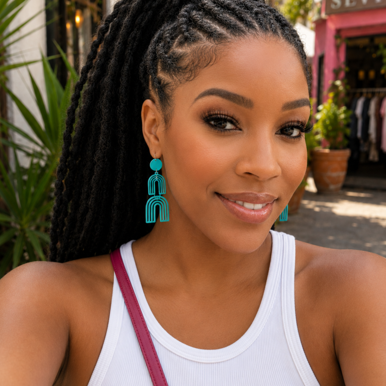 Woman with braided hair wearing a white tank top and turquoise earrings, standing outdoors.