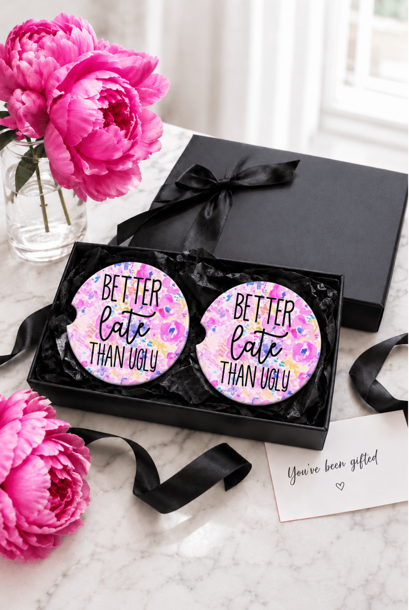 Better Late Than Ugly Car Coasters - Adorned Rebel