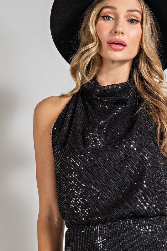 Black Sequin Halter Mini Dress - Adorned Rebel