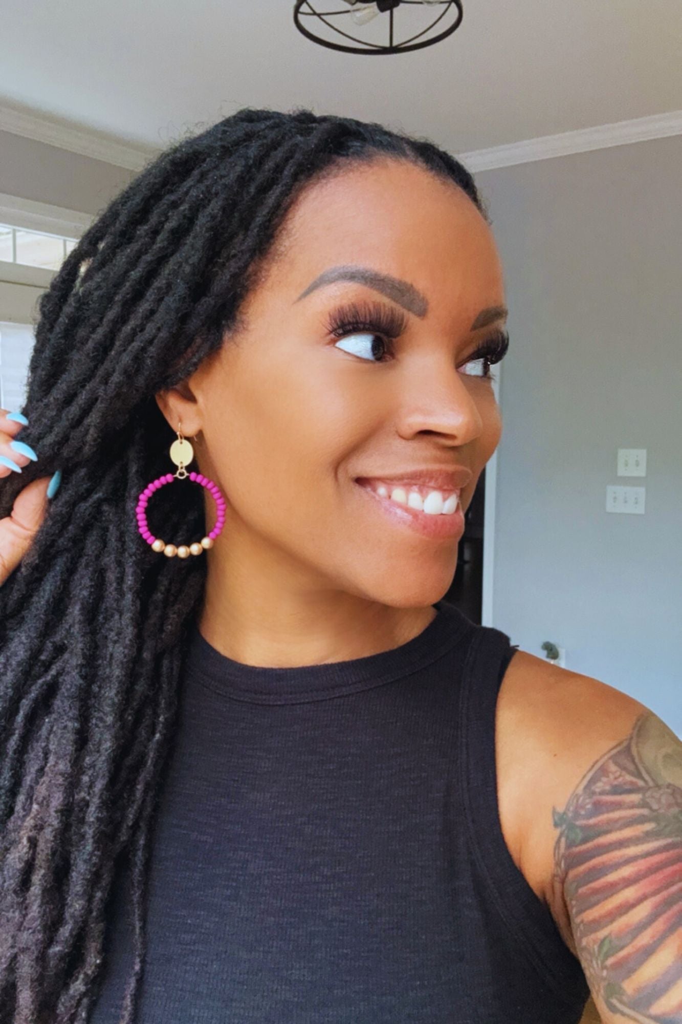 Fuchsia Wood Beaded Circle Earrings - Adorned Rebel