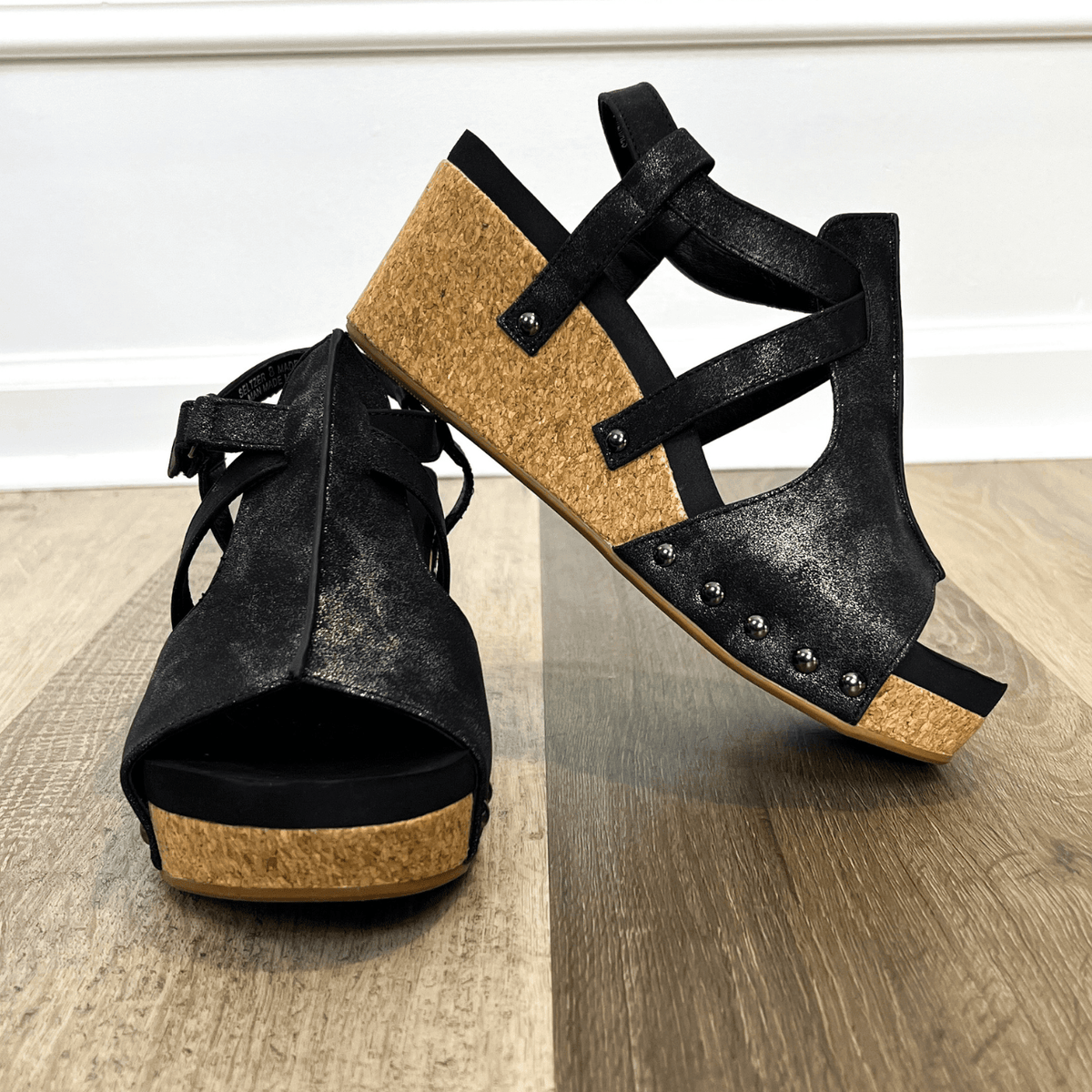 Starry Black Cork Wedge Sandals Adorned Rebel