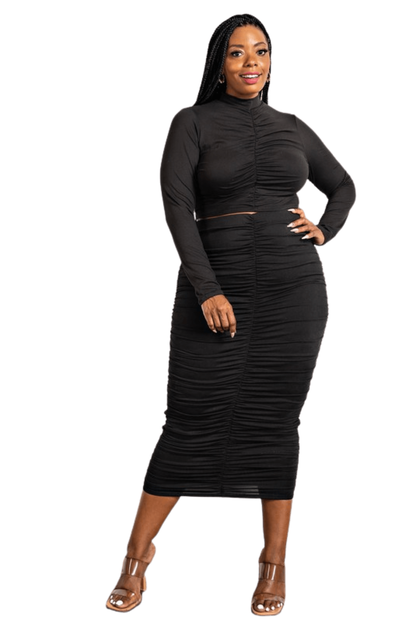 Two Piece Long Sleeve Ruched Top and Skirt Set - Two Elevens Boutique