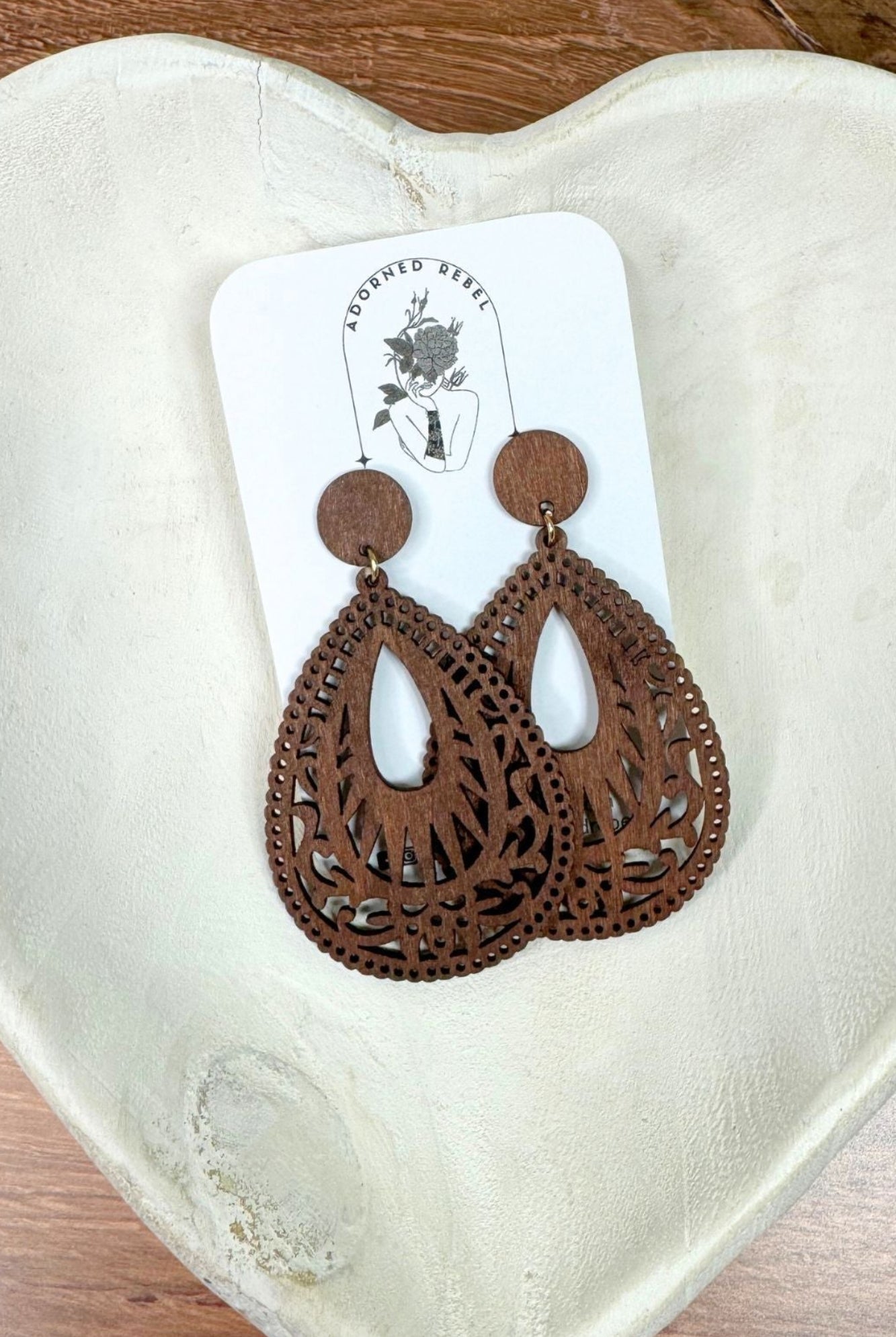 Wood Filigree Teardrop Earrings - Adorned Rebel