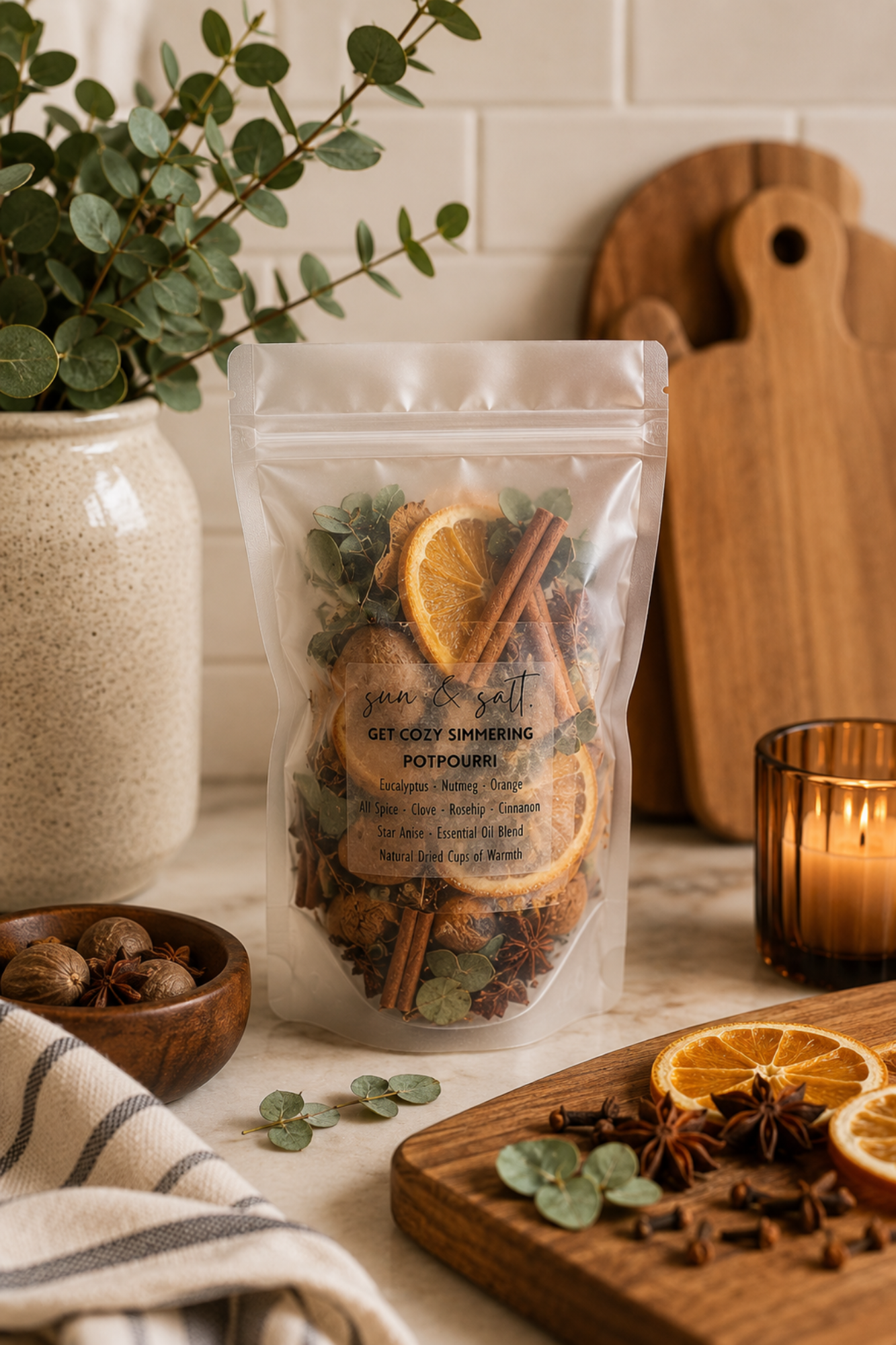 Bag of potpourri with cinnamon sticks and orange slices on a kitchen counter with a candle and cutting board.