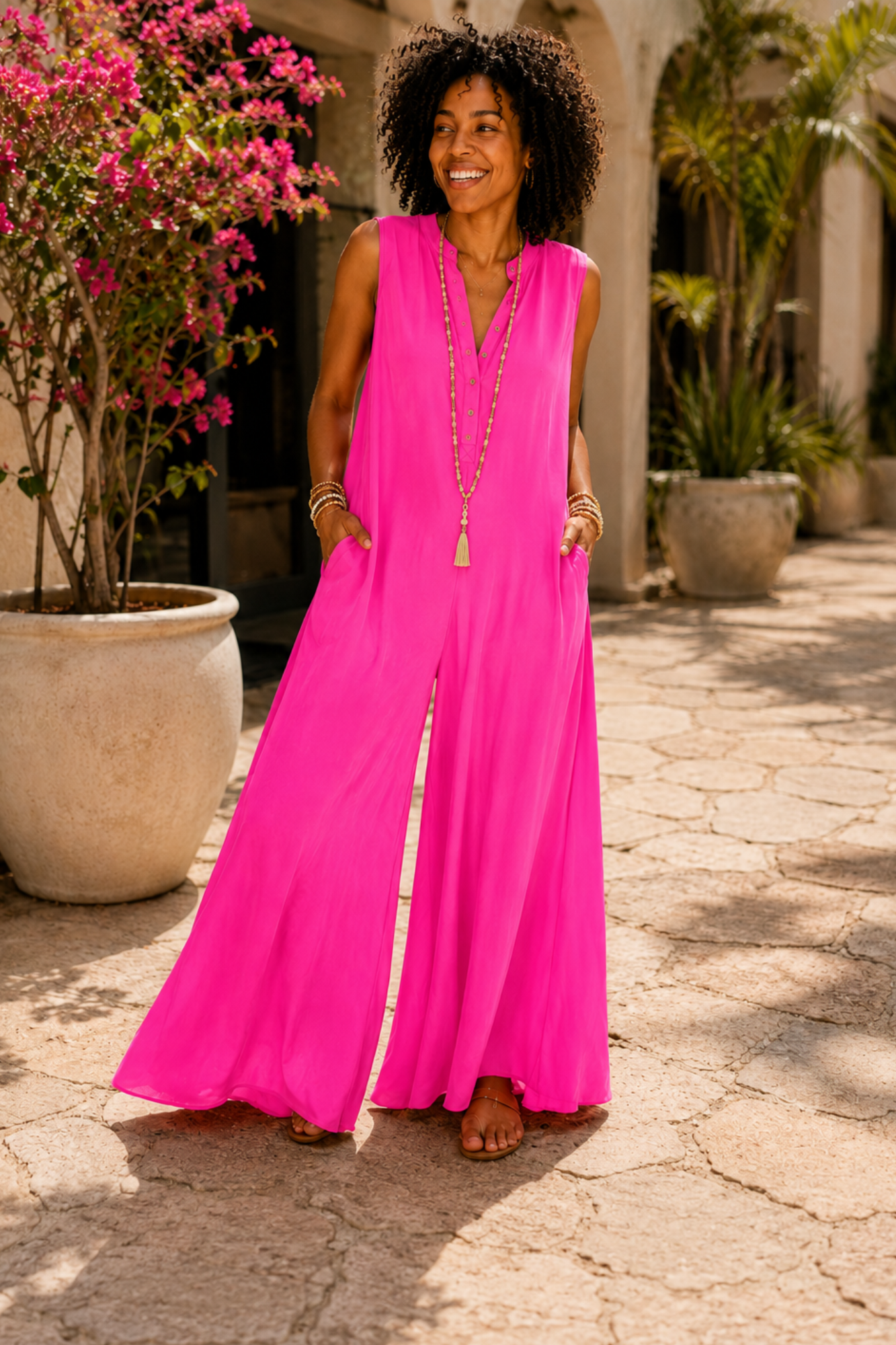 A woman wearing a bright hot pink sleeveless maxi jumpsuit with a V-neckline and front slit, standing outdoors on a stone patio with potted plants in the background.
