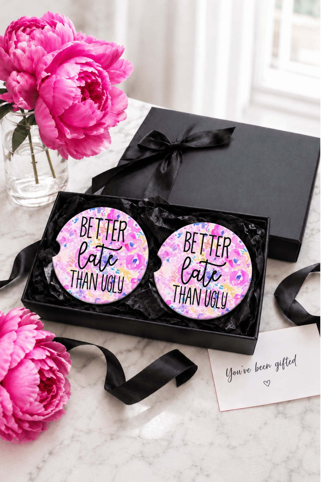 Better Late Than Ugly Car Coasters - Adorned Rebel