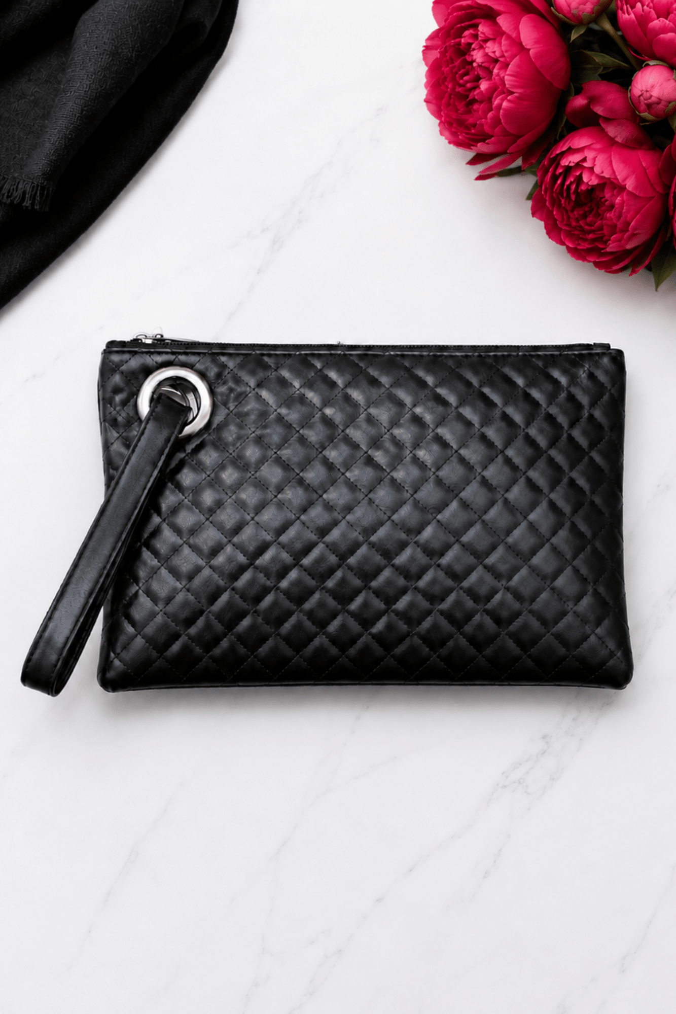 Black Quilted Faux Leather Clutch - Adorned Rebel