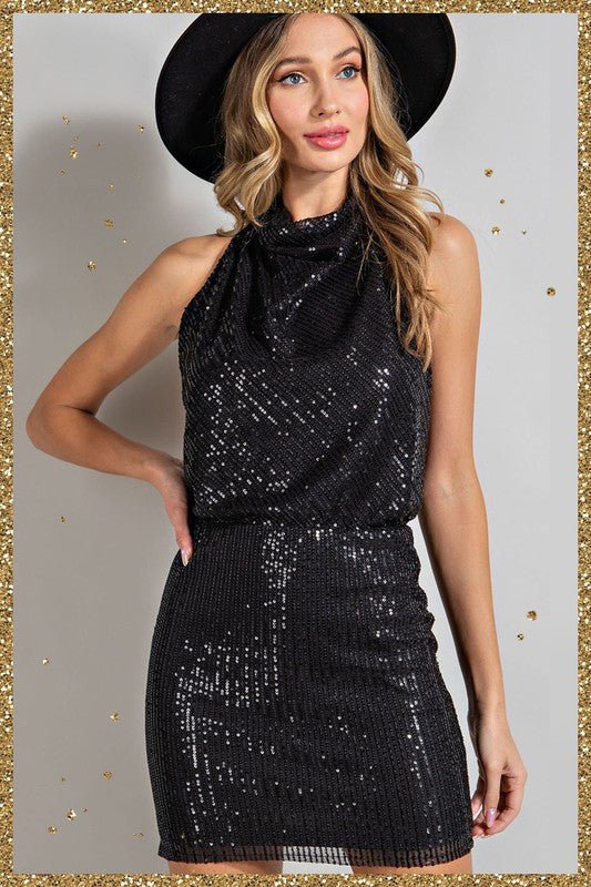 Black sequin halter shops dress