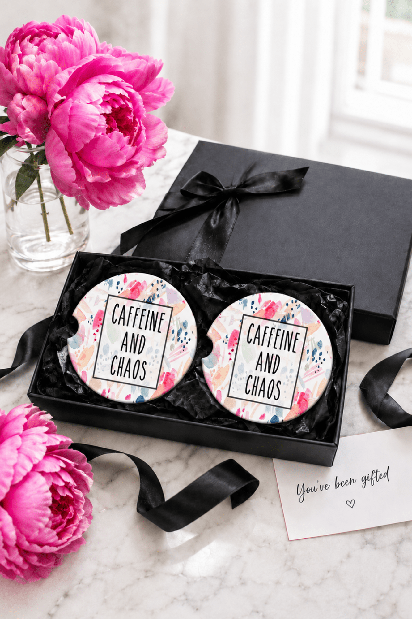 Caffeine & Chaos Car Coasters - Adorned Rebel