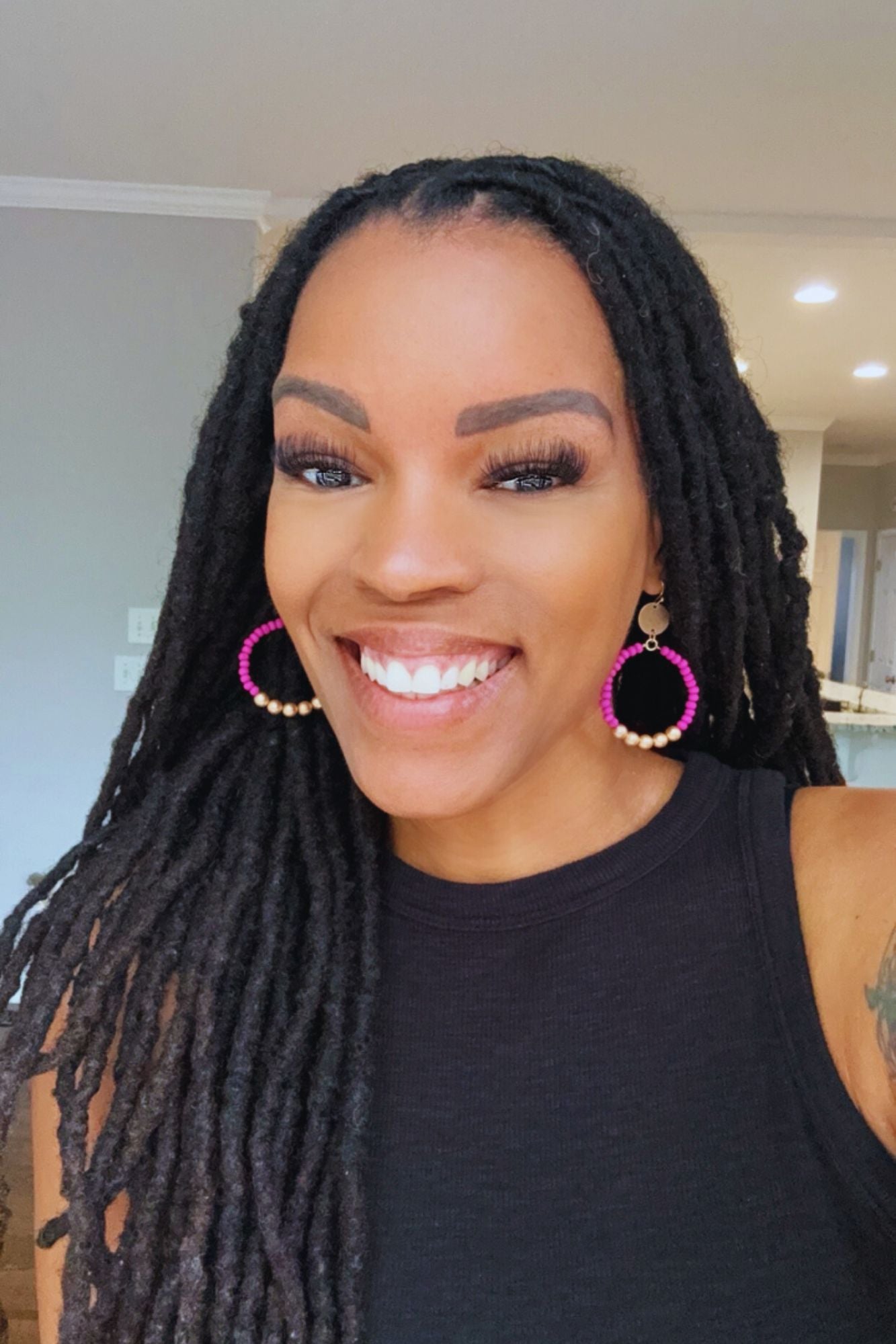 Fuchsia Wood Beaded Circle Earrings - Adorned Rebel