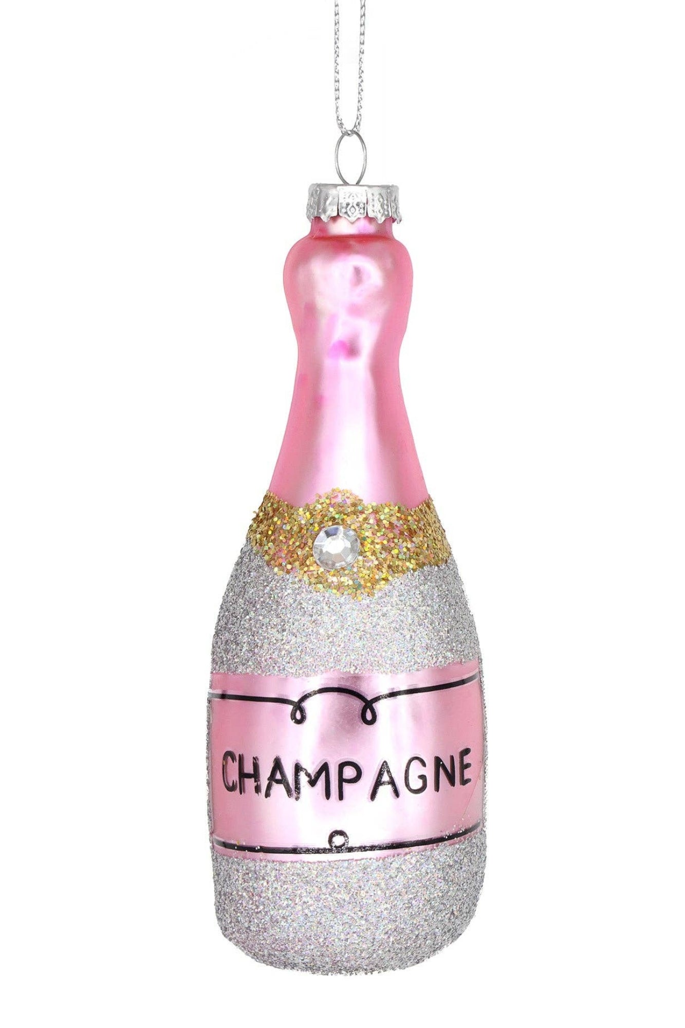 Pink Glitter Champagne Bottle Ornament - Adorned Rebel