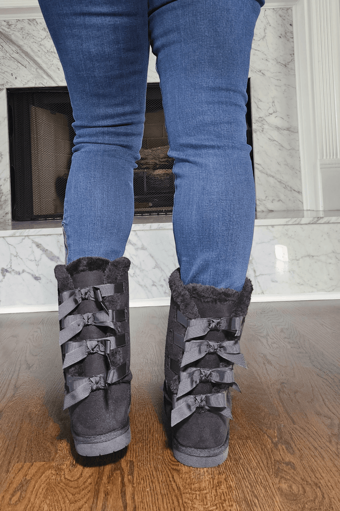 Black Faux Fur Boots with Bow Tie Detail - Two Elevens Boutique