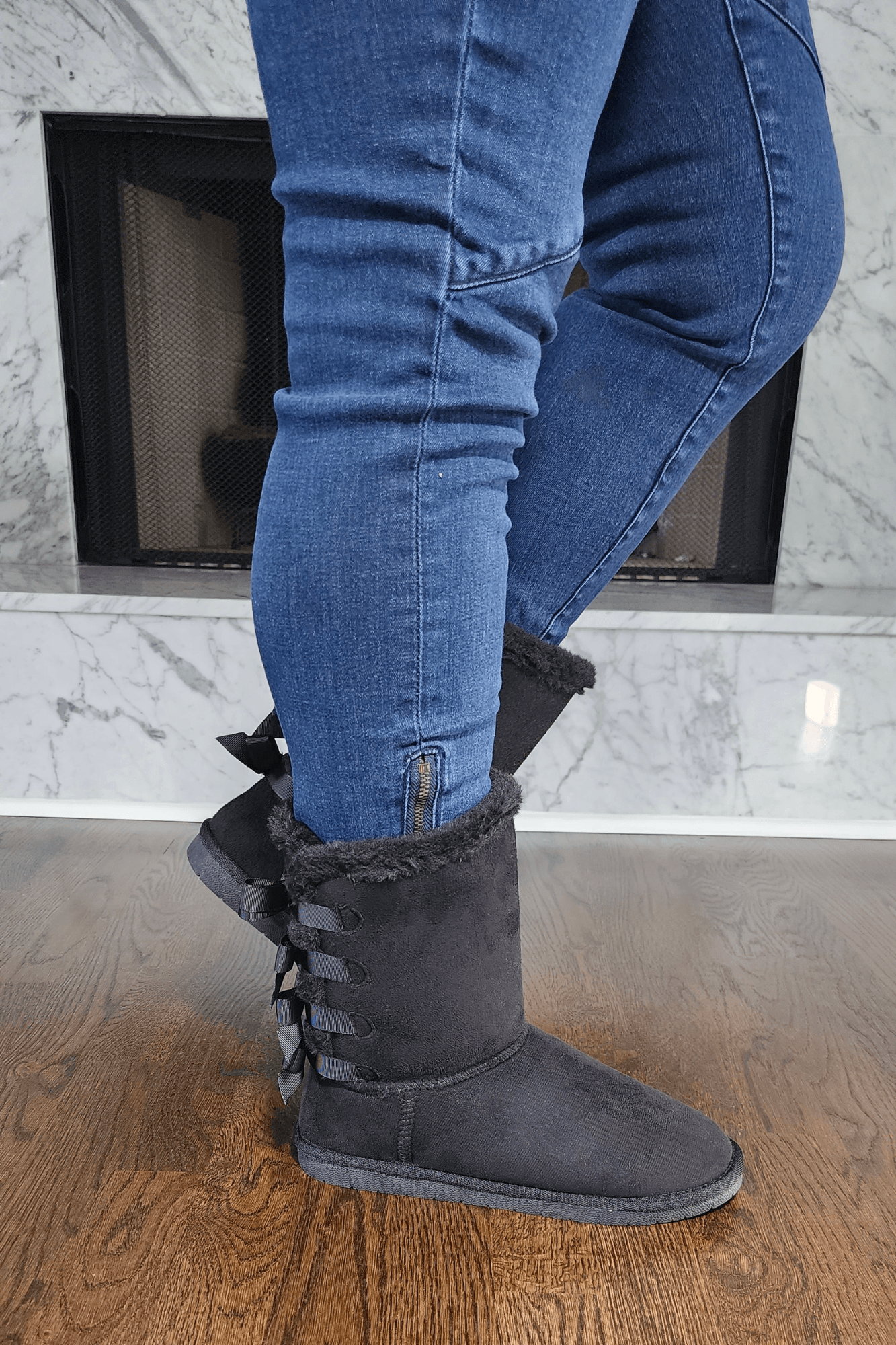 Black Faux Fur Boots with Bow Tie Detail