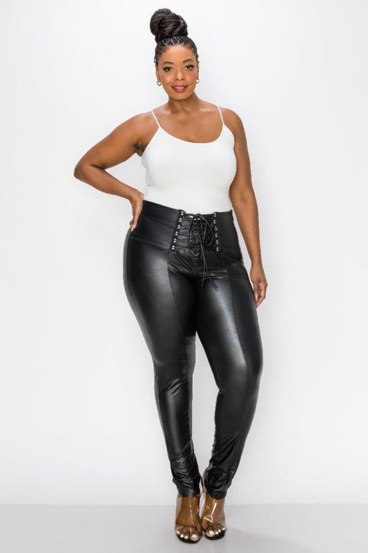 Black Faux Leather Tie Waist Leggings - Adorned Rebel