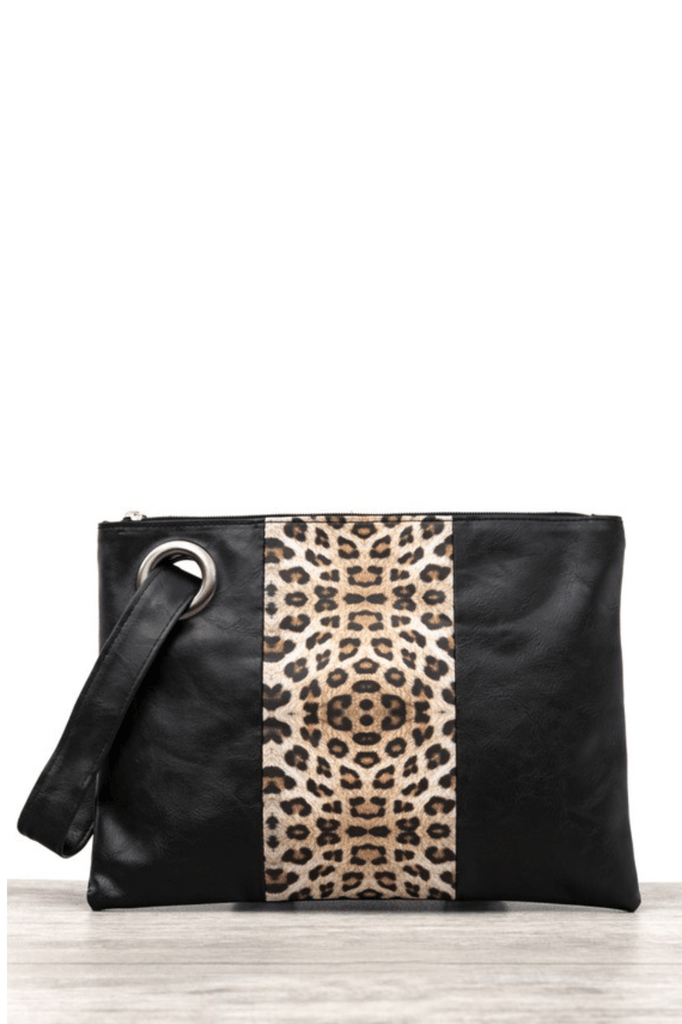 Black Leopard Color Block Clutch - Two Elevens Boutique