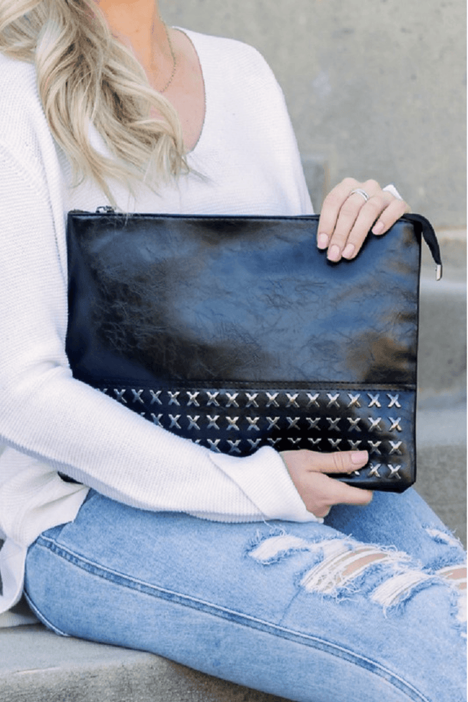 Cross Studded Faux Leather Clutch - Two Elevens Boutique
