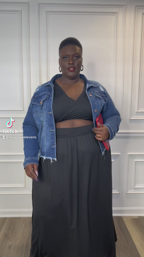 A video of the Anuli Black Two Piece Maxi Skirt Set styled.