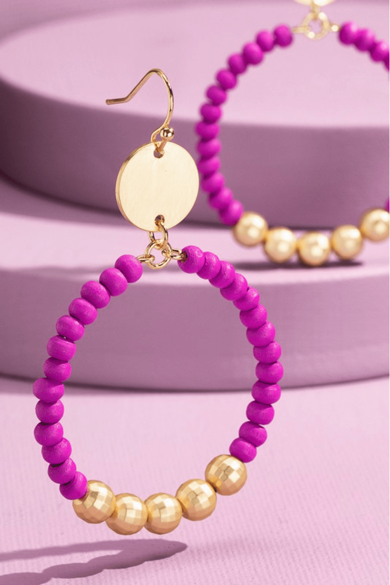 Bohemian style pink and gold wood-beaded earrings