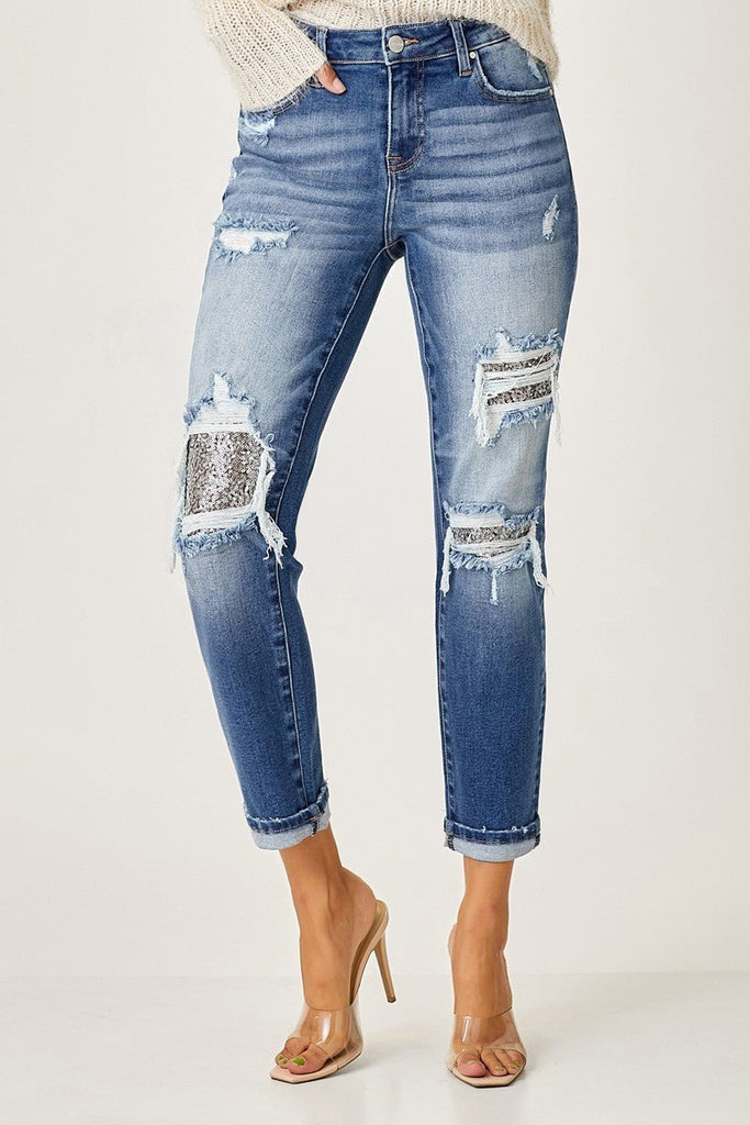 Mid-Rise Sequins Patched Jeans - Adorned Rebel