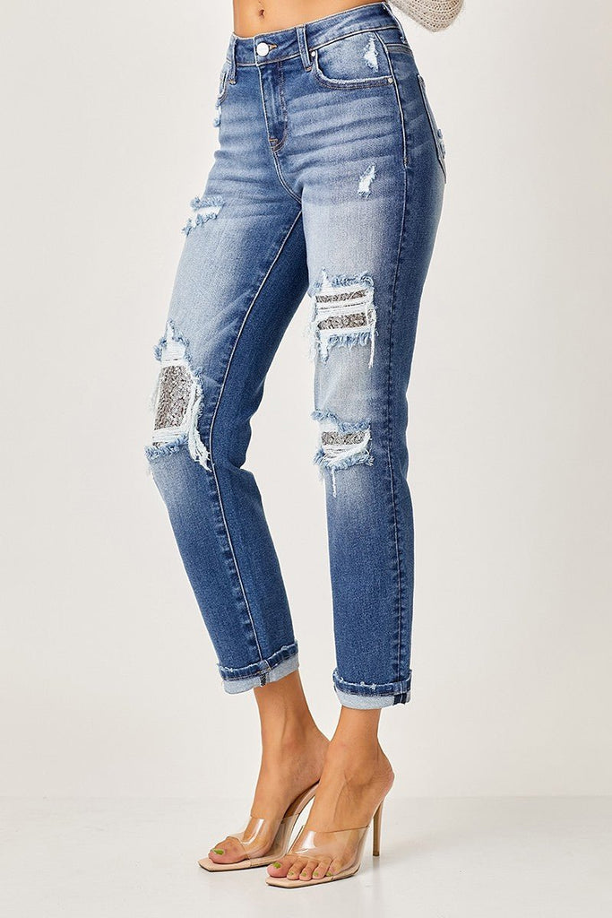 Mid-Rise Sequins Patched Jeans - Adorned Rebel