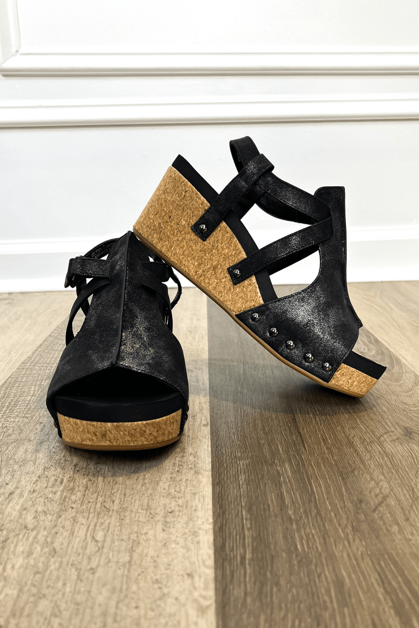 Starry Black Cork Wedge Sandals - Two Elevens Boutique