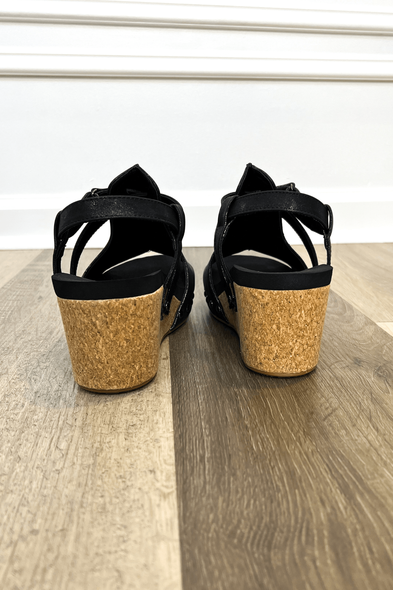 Starry Black Cork Wedge Sandals - Two Elevens Boutique