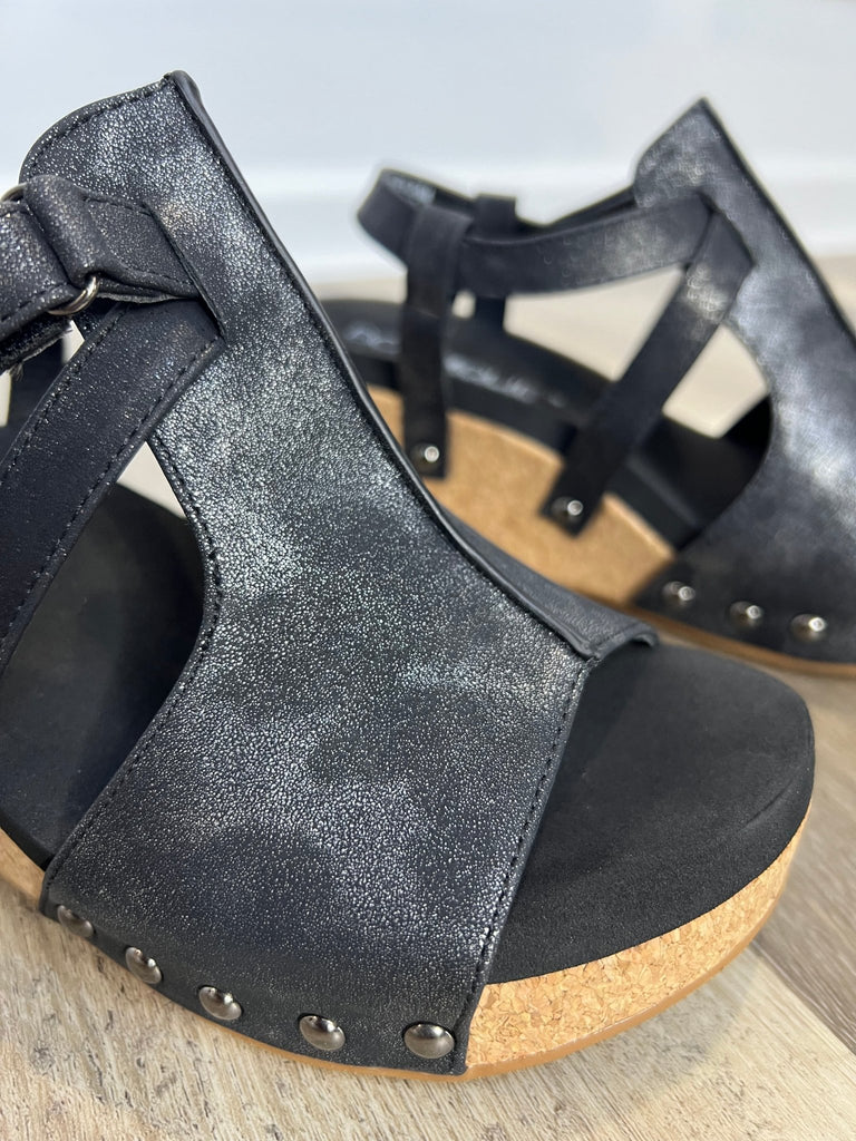 Starry Black Cork Wedge Sandals - Two Elevens Boutique