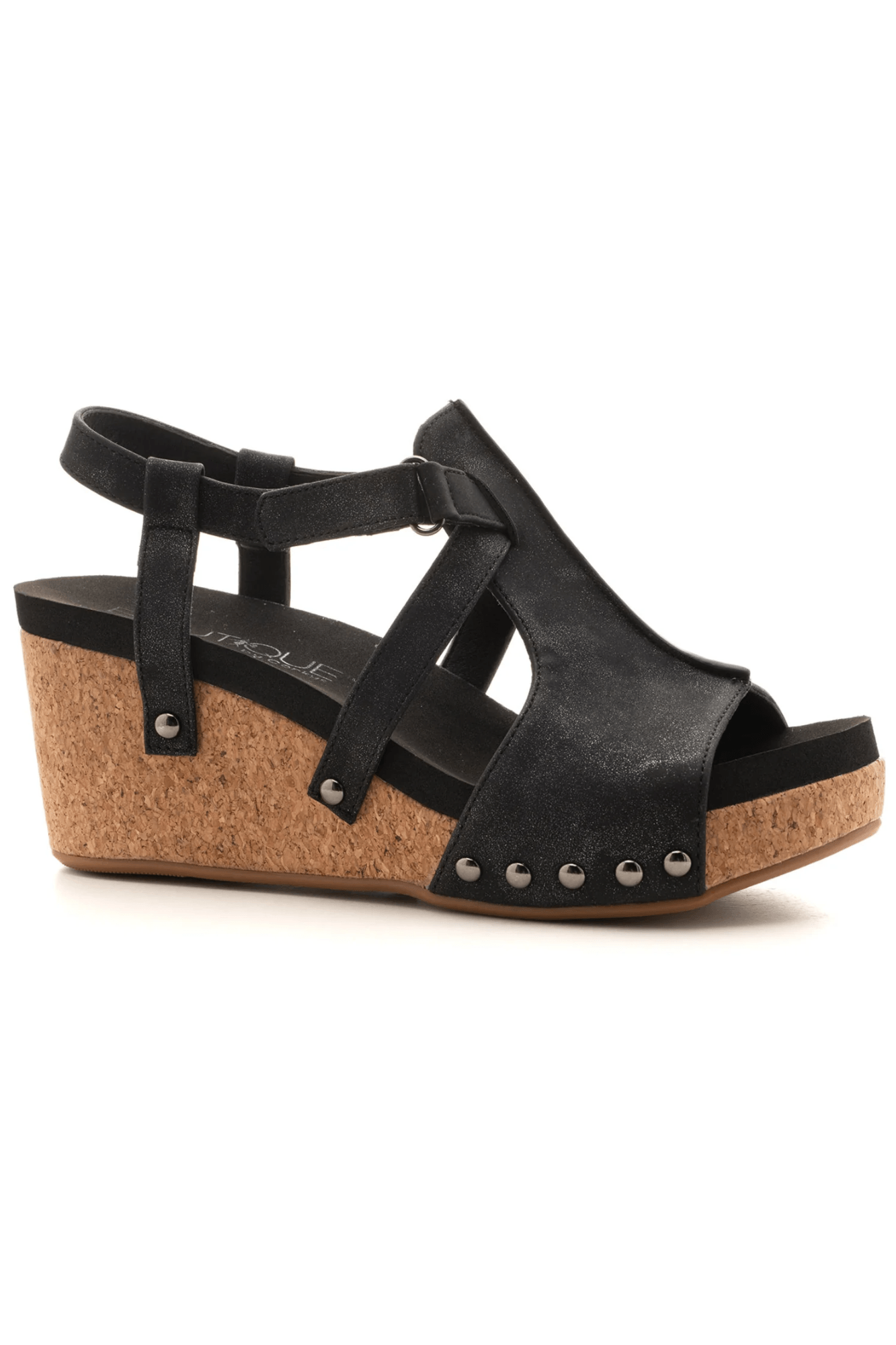 Starry Black Cork Wedge Sandals - Two Elevens Boutique