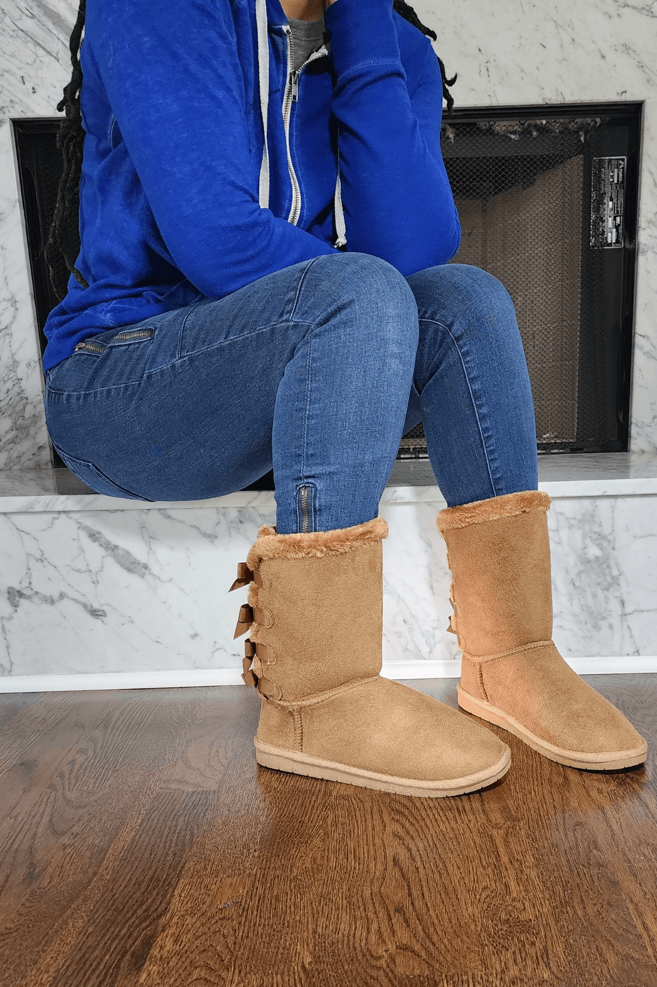 Tan Faux Fur Boots with Bow Tie Detail - Two Elevens Boutique