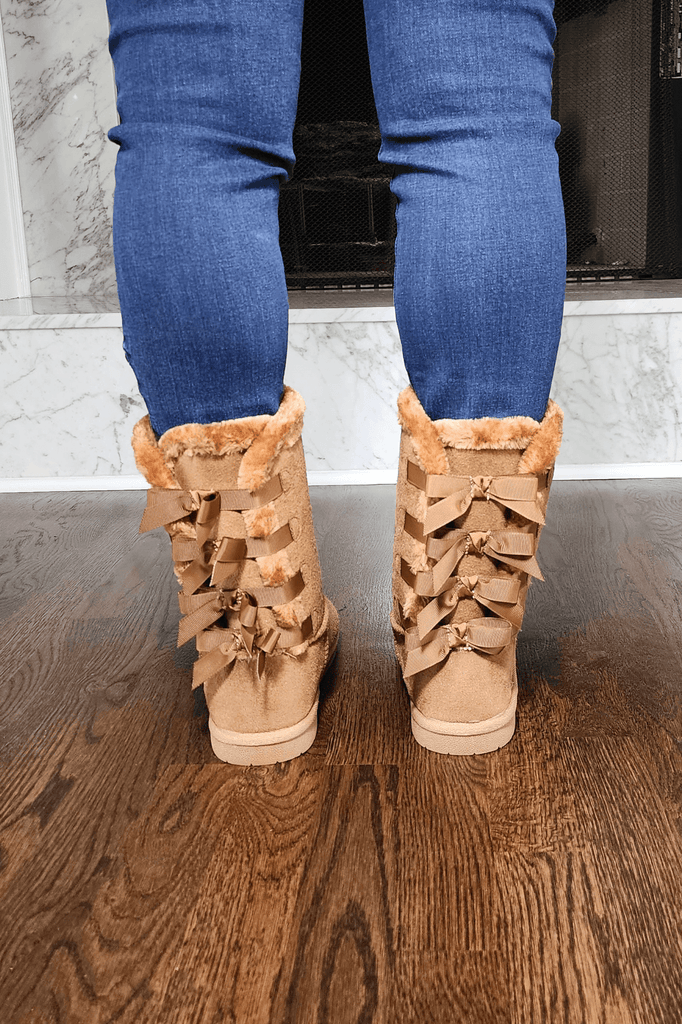 Tan Faux Fur Boots with Bow Tie Detail - Two Elevens Boutique