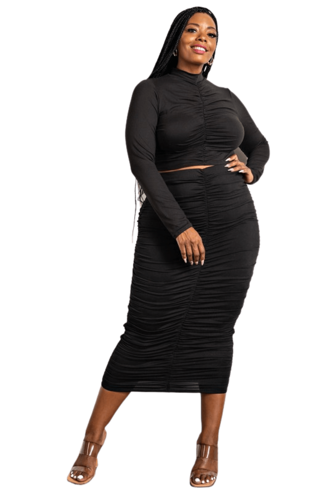 Two Piece Long Sleeve Ruched Top and Skirt Set - Two Elevens Boutique