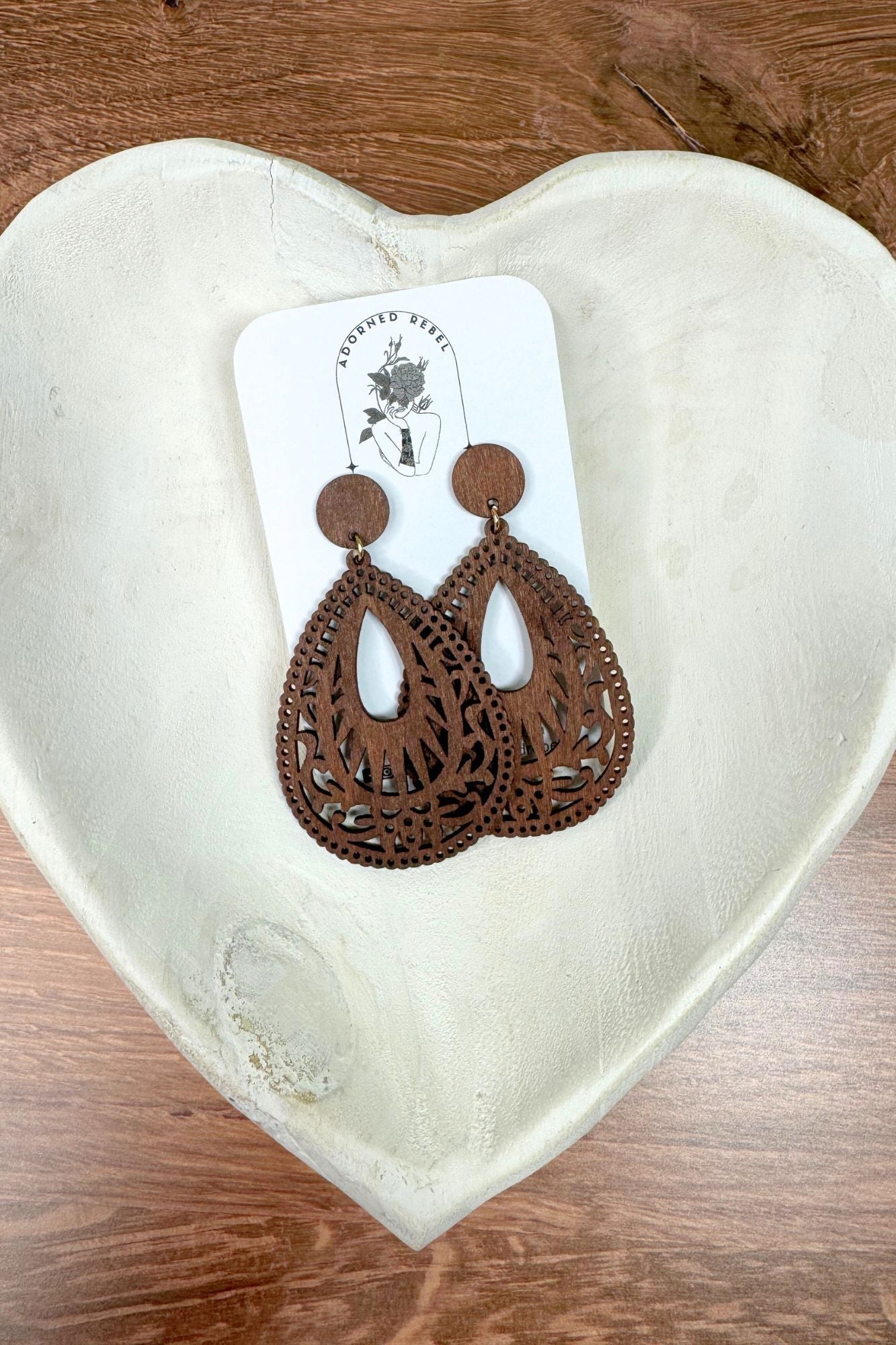 Wood Filigree Teardrop Earrings - Adorned Rebel